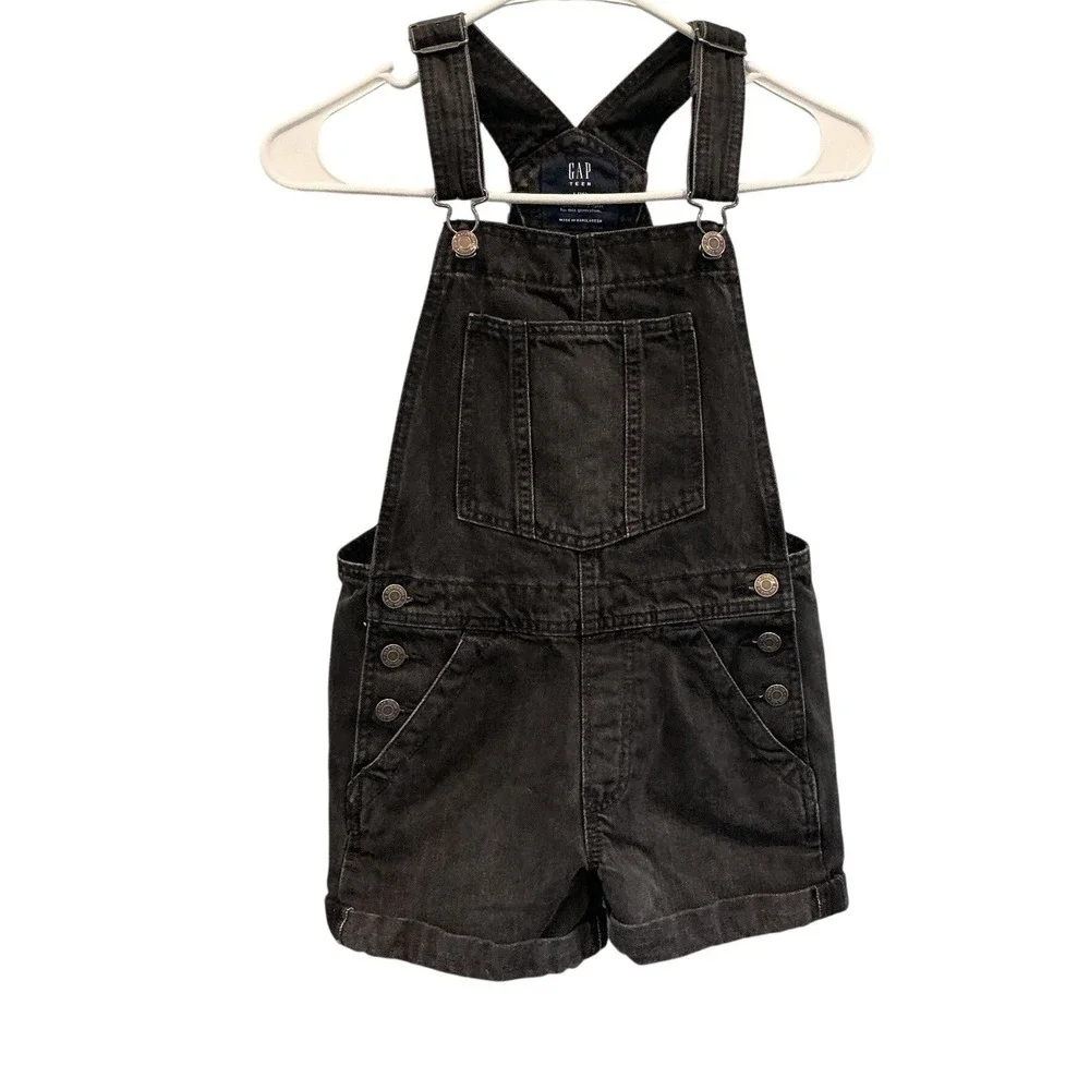 Gap Teen Girls Black Denim Shortalls Overalls Fisherman Americana Kids Size 10 L